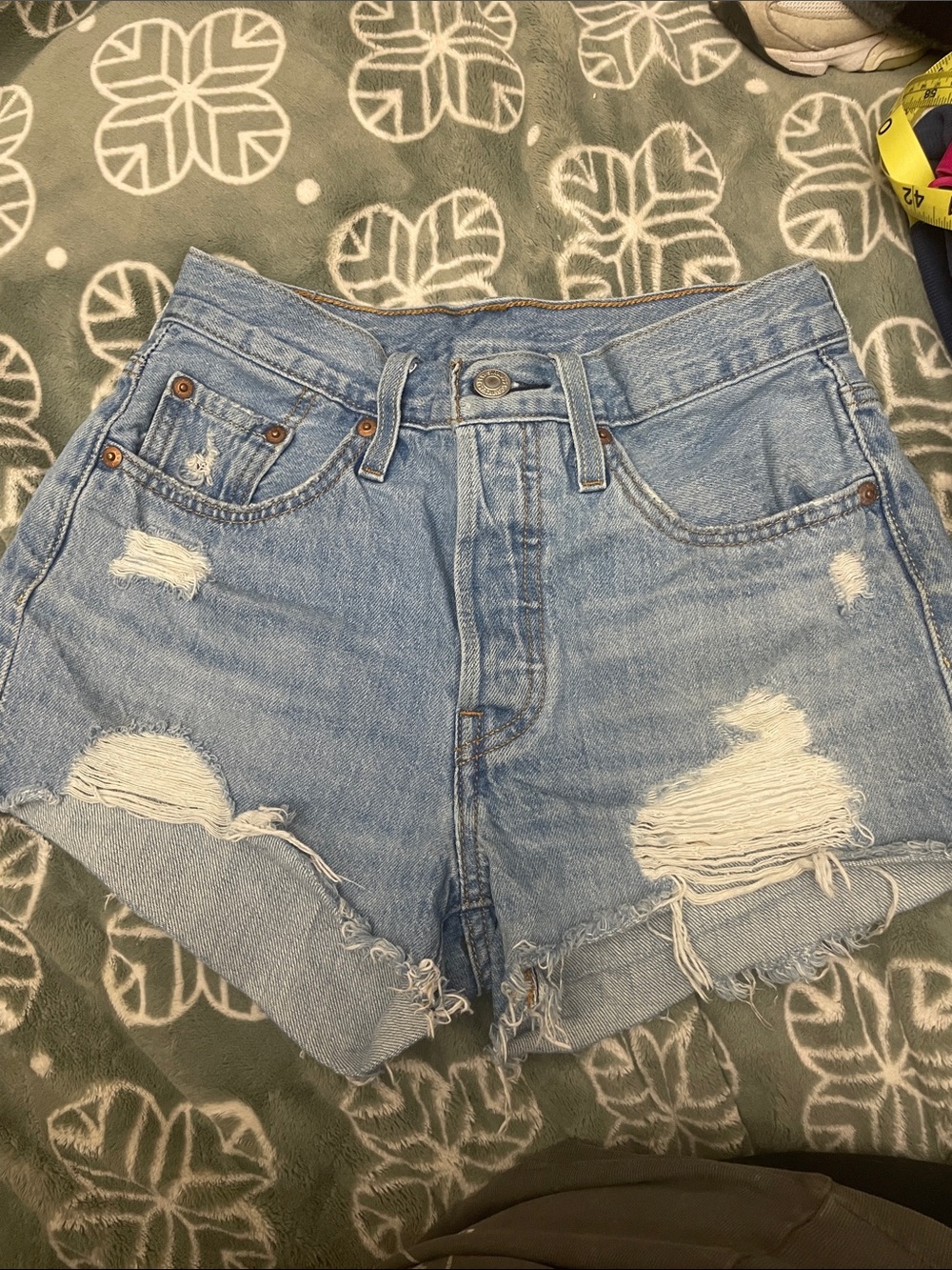 Levi's Light Blue Distressed High-Rise Denim Shorts 90s 501 Size 24